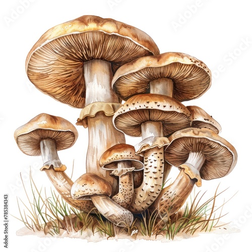 Woodland Shiitake A rich watercolor illustration of shiitake mushrooms their broad caps detailed with intricate sketch lines