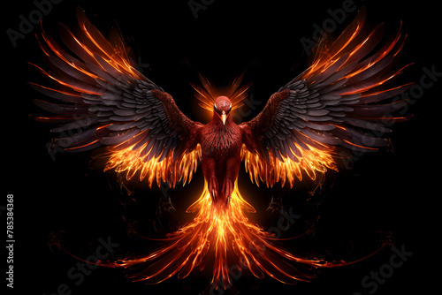 Phoenix  fire bird with its wings spread out. A magical creature made of fire isolated on black background © Oksana