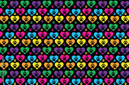 pattern in cheerful colors with a pet theme, with dog or cat paws inside a heart