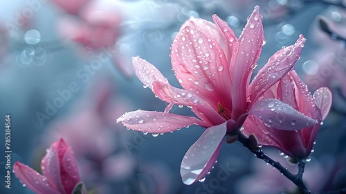 Captivating Pink Magnolia Blossoms Amid Soft Mist and Dew © May's Creations