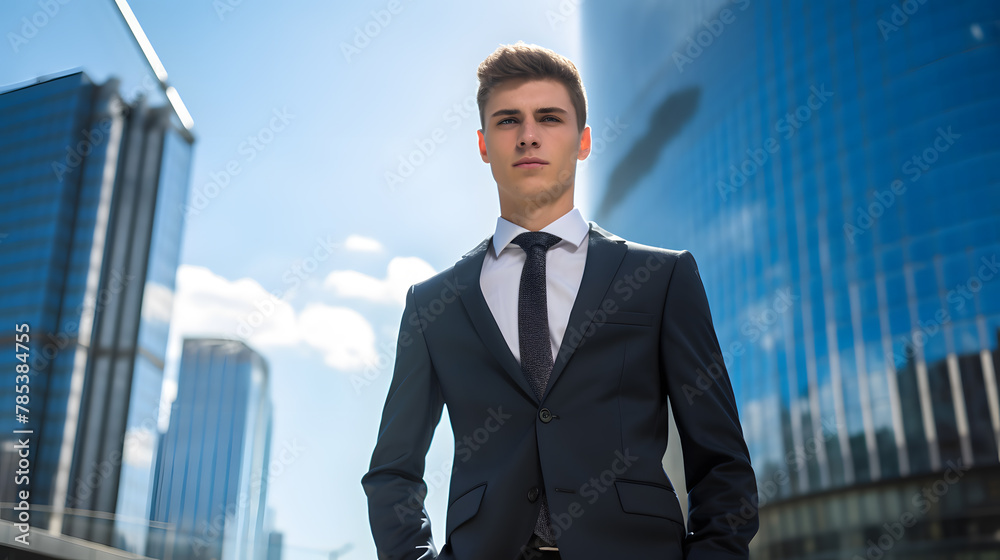 businessman wearing black suit and using modern smartphone near office at early morning, successful employer to make a deal while standing near skyscraper office at night, flare light businessman wearing black suit and using modern smartphone near office at early morning, successful employer to make a deal while standing near skyscraper office at night, flare light