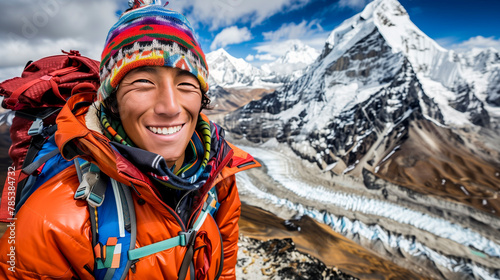 portrait of a young sherpa with backpack smiling confidently with a snow-capped mountain range in background - mountaineering and mountain expeditions concept