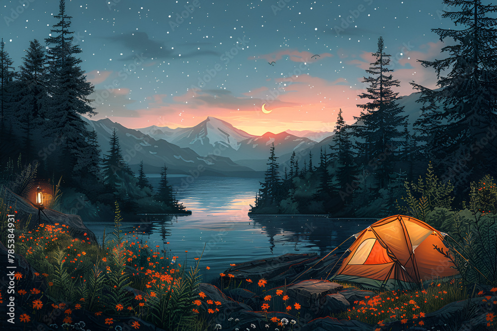 Illustration Tent Camping ,
Watercolor magical river night camping cartoon nature forest tent vector
