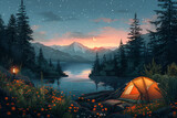Illustration Tent Camping ,
Watercolor magical river night camping cartoon nature forest tent vector

