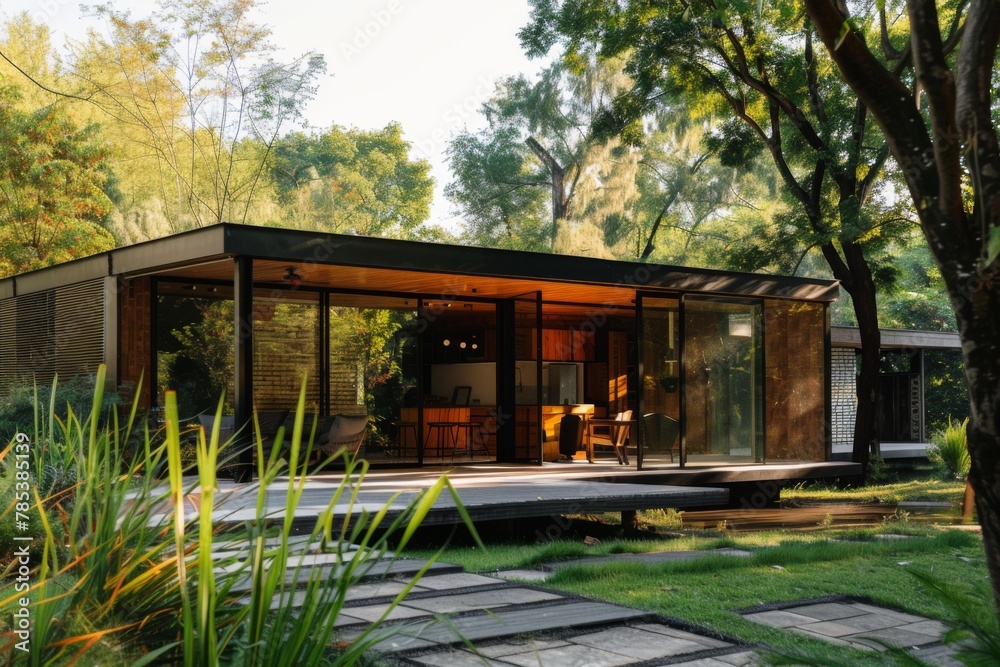 Modern glass house nestled in nature - A contemporary glass-walled house blends seamlessly with a lush garden and verdant trees surrounding it