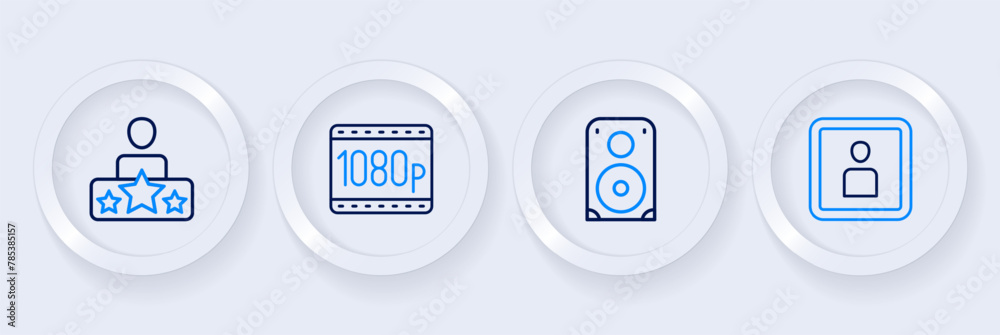 Set line Play Video, Stereo speaker, Full HD 1080p and Actor star icon. Vector Set line Play Video, Stereo speaker, Full HD 1080p and Actor star icon. Vector