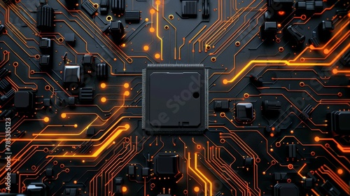 High-Tech Black Circuit Board Featuring Vibrant Orange Elements and a Dark Void at the Center, Conveying a Concept of Innovation and Technology Evolution.