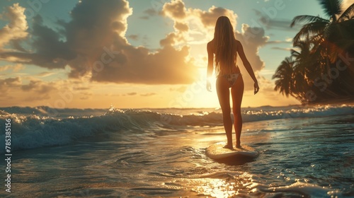 A young girl in a bikini is a surfer with a surfboard, floating on the waves