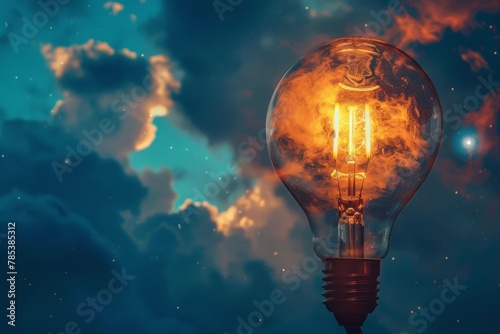 Glowing light bulb with fiery sky background - A glowing light bulb set against a dramatic sky with warm orange and fiery tones, symbolizing inspiration