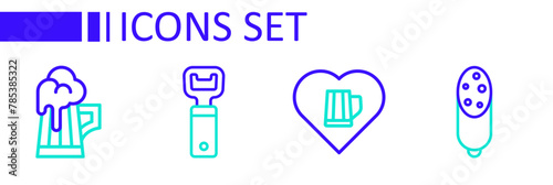 Set line Salami sausage, Heart with glass of beer, Bottle opener and Wooden mug icon. Vector