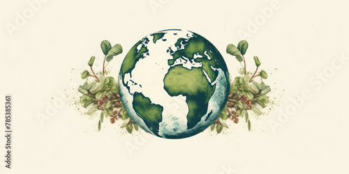 Earth with Sprouting Plants and Natural Elements. Green Planet Illustration. Generative AI photo