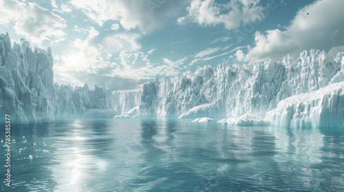 Peaceful arctic scene with towering glaciers reflected in calm waters under a soft clouded sky.