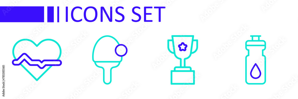 Set line Fitness shaker, Award cup, Racket and Heart rate icon. Vector Set line Fitness shaker, Award cup, Racket and Heart rate icon. Vector