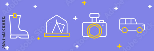 Set line Safari car, Photo camera, Tourist tent and Waterproof rubber boot icon. Vector