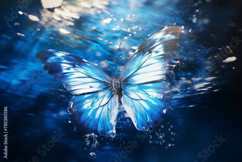 Vibrant Butterfly Emerging from Water in Energetic Abstract Style, Featuring a Play of Light Silver and Dark Blue Tones with Artistic Flair.