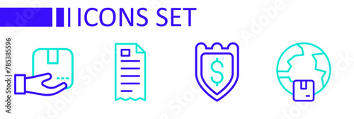 Set line Worldwide shipping, Shield with dollar, Financial check and Delivery hand box icon. Vector