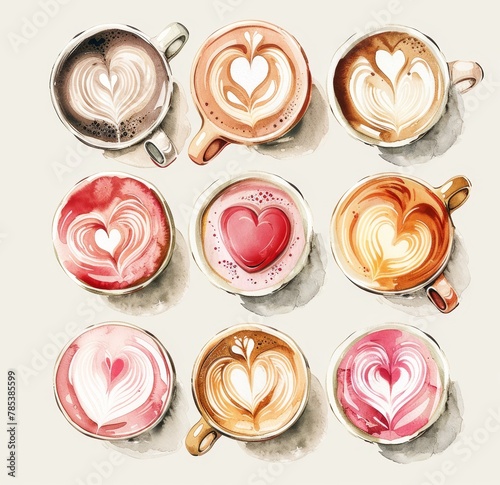 Various Coffee Drinks with Heart Print in Pink and Beige Style, Including Emerald Accents on a Stark White Background, Showcasing Creativity and Artistry in Beverage Presentation.