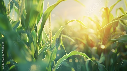 Corn stalks swaying gently in the sun kissed field lush and vibrant foliage captured in a captivating close up view