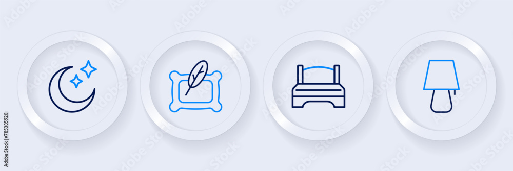 Set line Table lamp, Big bed, Pillow and Moon and stars icon. Vector Set line Table lamp, Big bed, Pillow and Moon and stars icon. Vector