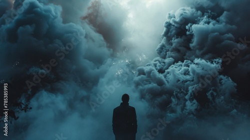 Majestic smoke clouds surrounding man - A striking image highlighting a man standing stoically as massive smoke clouds loom around him, evoking a sense of mystery
