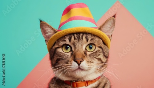 cat in a bright hat and stylish glasses, summer , vintage and fashionable style. Isolated studio portrait close up. Funny, cute and unusual image. Copy space