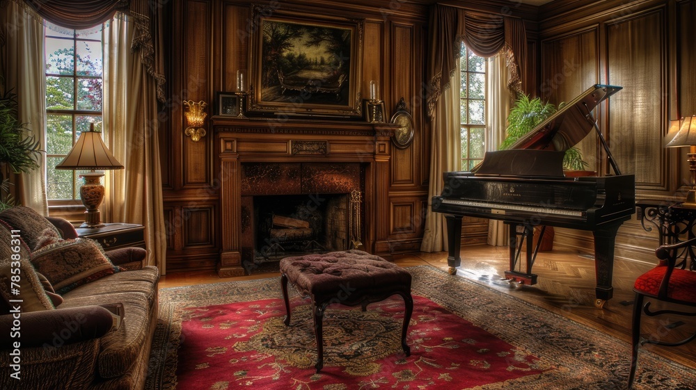 a beautifully decorated living room adorned with an elegant piano and crackling fireplace, capturing the essence of homey comfort in high-resolution photography that envelops the senses. a beautifully decorated living room adorned with an elegant piano and crackling fireplace, capturing the essence of homey comfort in high-resolution photography that envelops the senses.