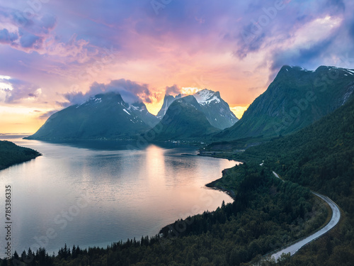 Sunset landscape in Norway Senja island Bergsbotn viewpoint mountains and fjord aerial view natural landmark travel beautiful destinations tranquil evening scenery northern scandinavian nature summer © EVERST
