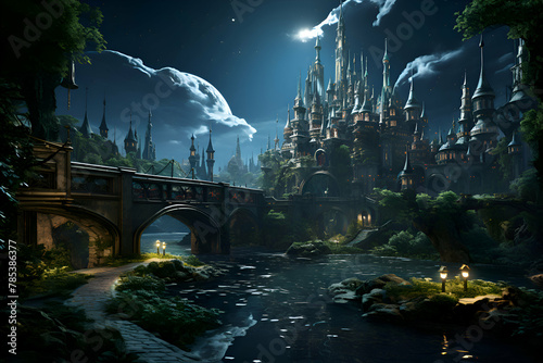 Fantasy scene with fantasy castle and bridge over the river at night photo