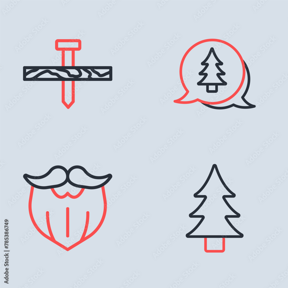 Set line Tree, Mustache and beard, and Metallic nail icon. Vector