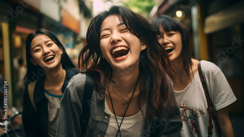 Three young women walking and laughing
