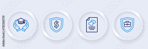 Set line Briefcase with shield, Marriage contract, Shield dollar and Education grant icon. Vector