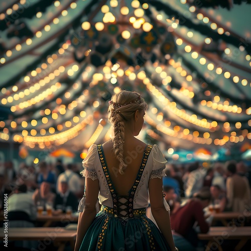 Eine junge Frau steht in einem Bierzelt auf dem Oktoberfest