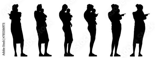 Vector concept conceptual black silhouette of a mother holding a child from different perspectives isolated on white. A metaphor for  motherhood, parenting, love, innocence, family and love