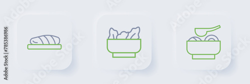 Set line Ramen soup bowl, Wonton and Fish steak icon. Vector