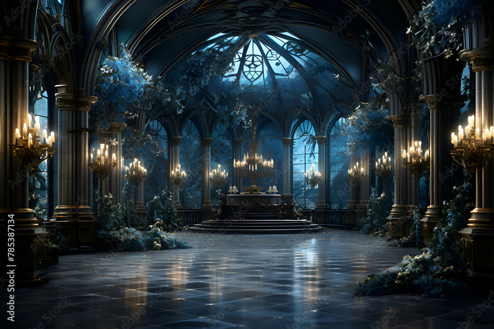 3d render beautiful hall in a vintage style with a fountain