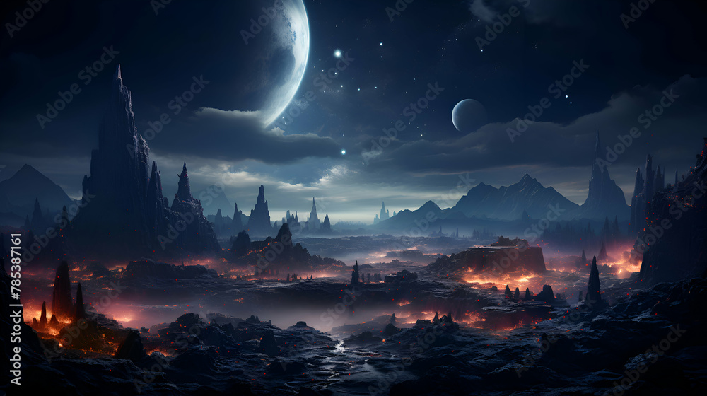 Fantasy alien planet. Mountain and city. 3D illustration.