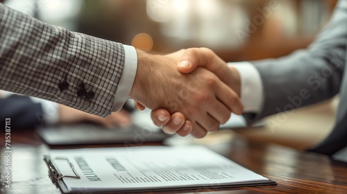 A strong male handshake on the background of a table with a signed contract symbolizes a successful agreement