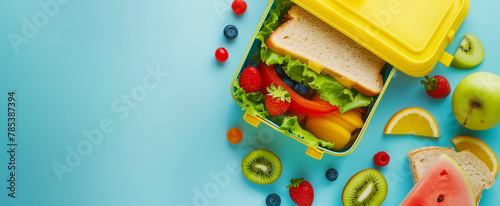 Healthy plastic school lunch box of sandwich, fruits and vegetables, plastic organic eating lunchbox for kids or break snack time concepts as wide banner with copyspace area