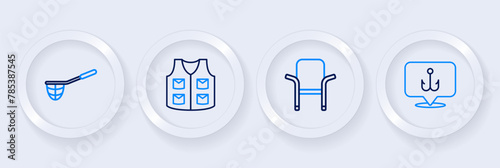 Set line Fishing hook, Camping folding chair, jacket and net icon. Vector