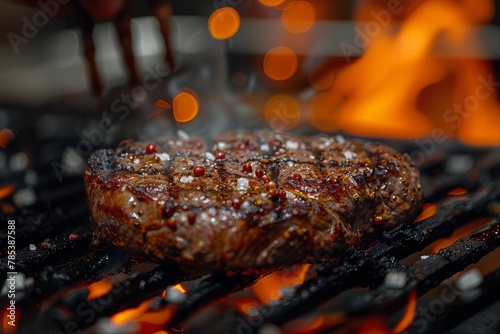 High-speed Shot of a Steak Flipping on a Grill, Creating a Fiery Background and Reflecting the Excitement and Heat of Cooking Concept.