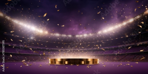 Purple background, lights and golden confetti on the purple background, football stadium with spotlights, banner for sports events © GalleryGlider