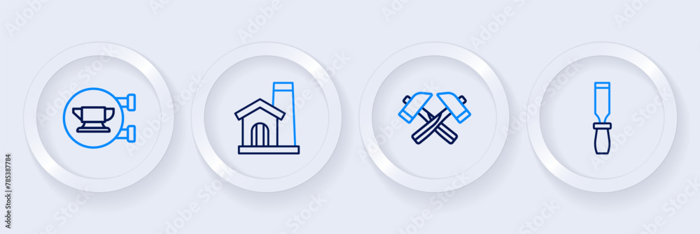 Set line Rasp metal file, Crossed hammer, Smithy workshop interior and Blacksmith anvil tool icon. Vector Set line Rasp metal file, Crossed hammer, Smithy workshop interior and Blacksmith anvil tool icon. Vector