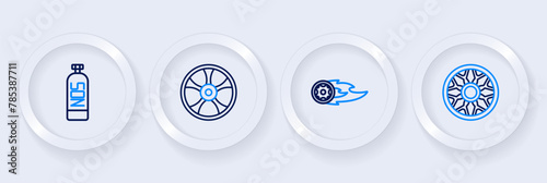 Set line Alloy wheel for car, Wheel in fire flame, and Nitrous oxide icon. Vector