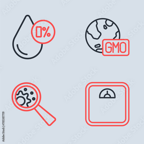 Set line GMO, Bathroom scales and Water balance icon. Vector