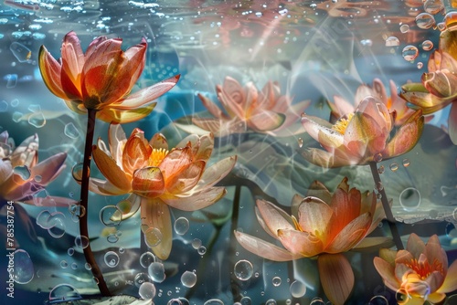 Vibrant water lilies floating on water surface - Beautiful image capturing the essence of serene water lilies with radiant colors enhanced by light and water bubbles