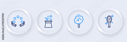 Set line Magic hand mirror, Cotton candy, Magician hat and Juggling ball icon. Vector