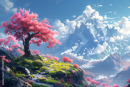 Illustrations Creative Landscape , Beautiful fantasy spring nature landscape and cherry blossom tree animated background