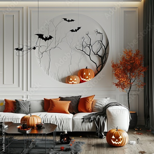 Ein Wohnzimmer mit schöner Dekoration für Halloween