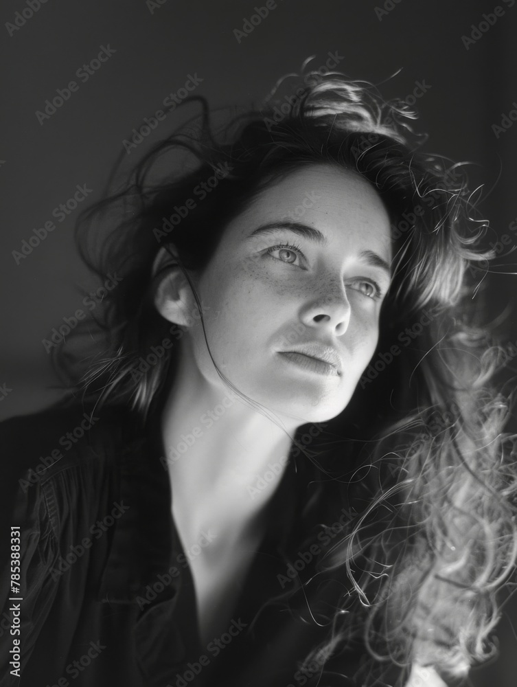 Black and white portrait of a pensive woman - Monochrome portrait showing a woman with windswept hair and a contemplative gaze, highlighted by natural light