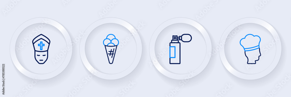 Set line Italian cook, Perfume, Ice cream in waffle and Pope icon. Vector Set line Italian cook, Perfume, Ice cream in waffle and Pope icon. Vector